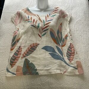Cynthia Rowley Linen Tropical Leaf Print V-Neck Button Back Top Women's Large